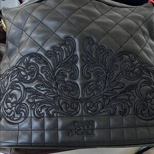 Versace Black Quilted Leather Shoulder Bag with Embroidered Baroque Motif